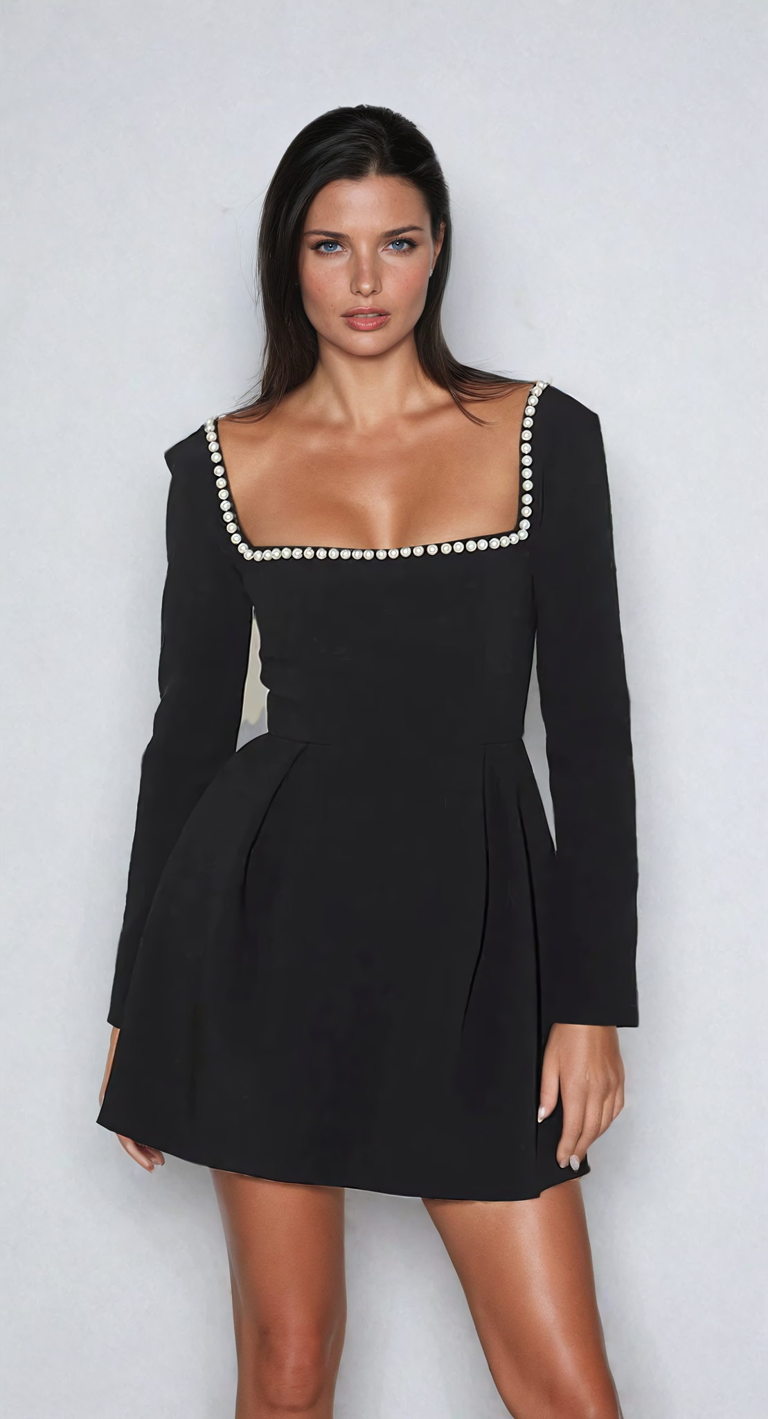Cyrillae | Pearl Neck Pleated Mini Dress