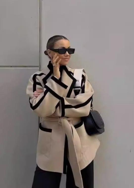 Jessica | Contrast Trim Belted Wool Coat