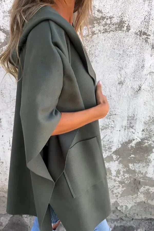 Sleek Loose-Fit One-Piece Hooded Cape Jacket with Pockets