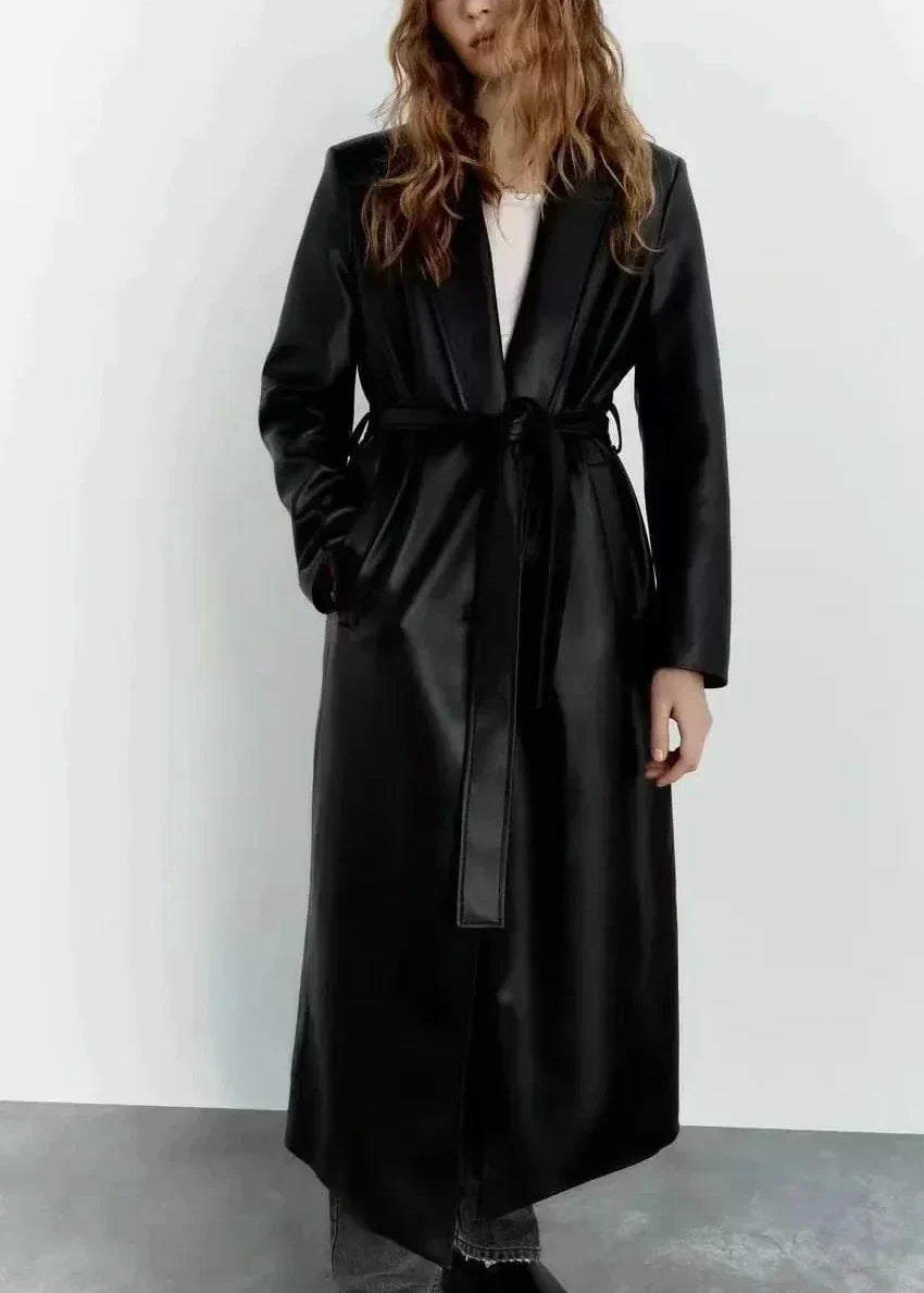 Black Belted Long Leather Wind Coat for Women