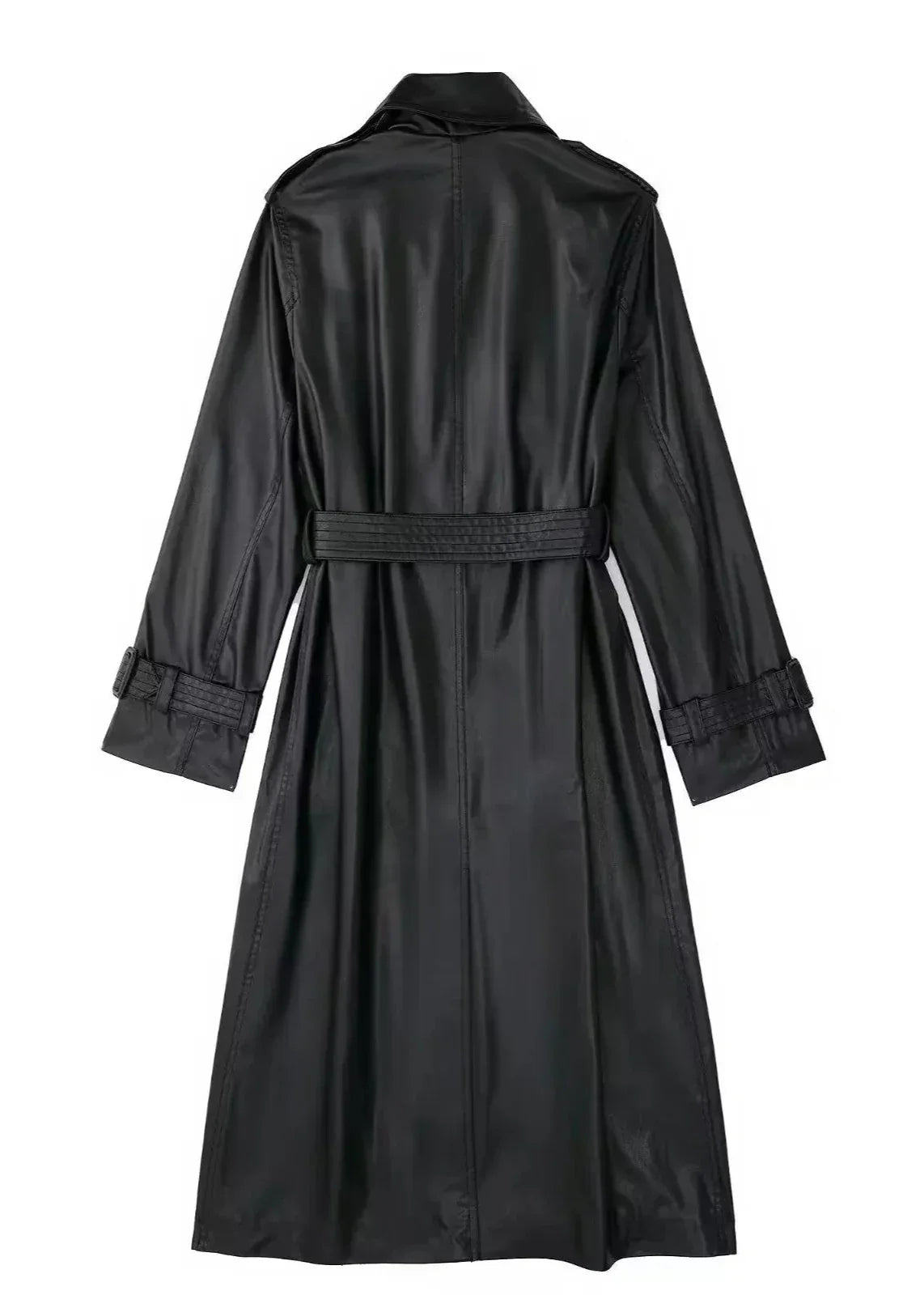 Black Belted Long Leather Wind Coat for Women
