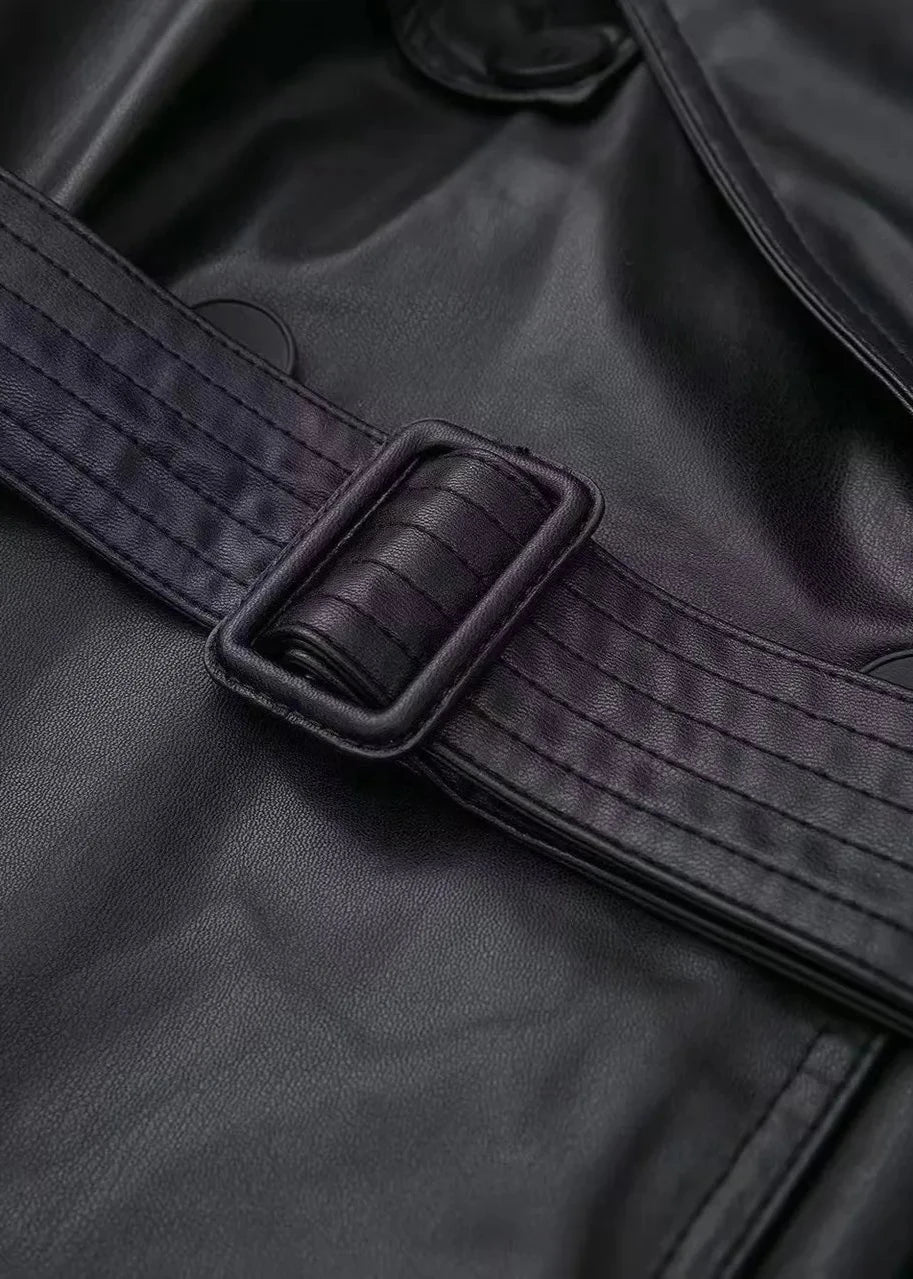 Black Belted Long Leather Wind Coat for Women