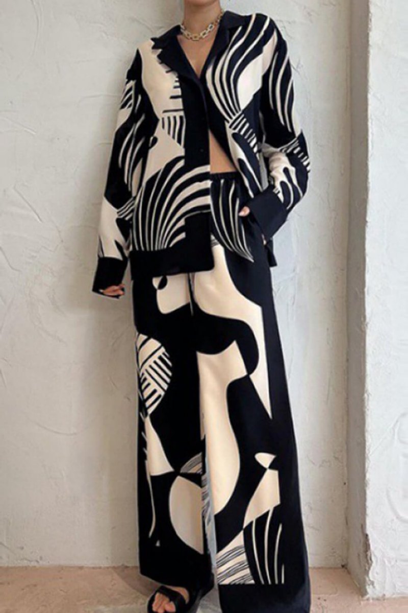 Trendy Graffiti Print Loose Wide Leg Pants Set