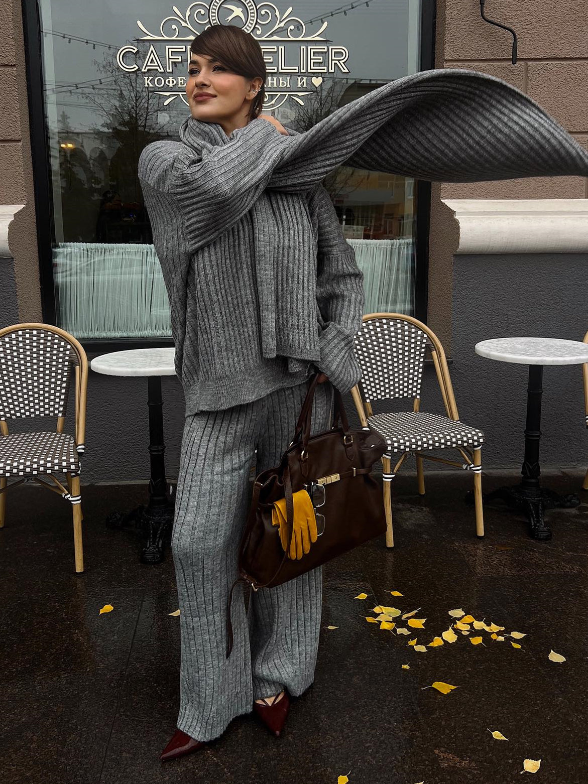 Minimalist knit three-piece set with scarf