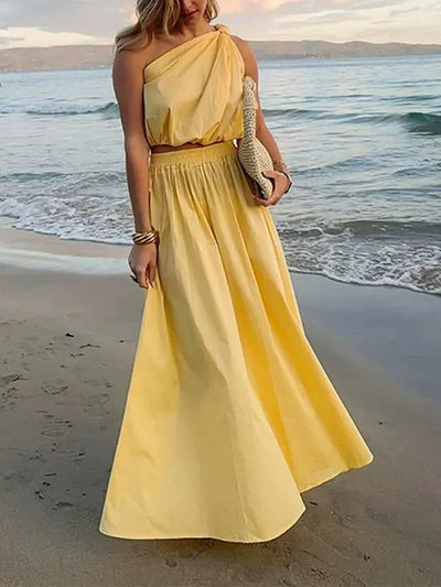 Elegant Solid One-Shoulder Ruched Sleeveless Crop Tank Top