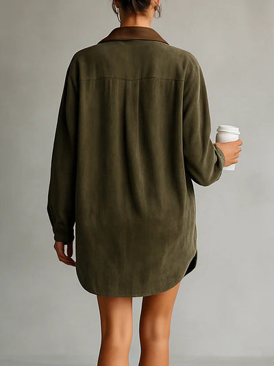 Casual Loose Lapel Paneled Suede Mini Dress