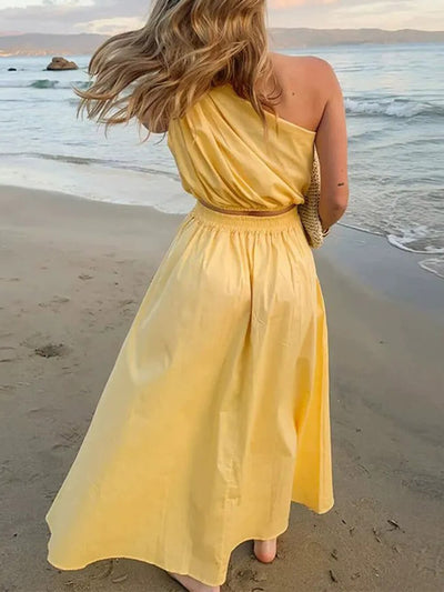 Elegant Solid One-Shoulder Ruched Sleeveless Crop Tank Top