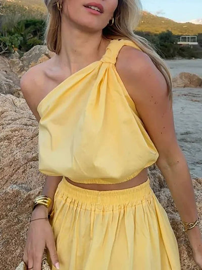 Elegant Solid One-Shoulder Ruched Sleeveless Crop Tank Top