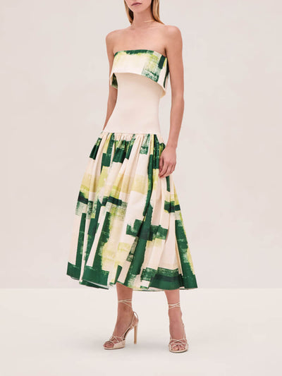 Elegant Printed Strapless Ribbed Bodycon Midi Dress
