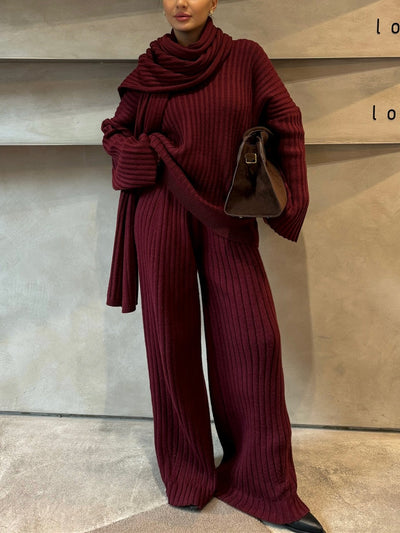 Minimalist knit three-piece set with scarf