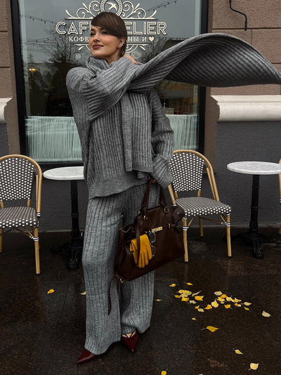 Minimalist knit three-piece set with scarf