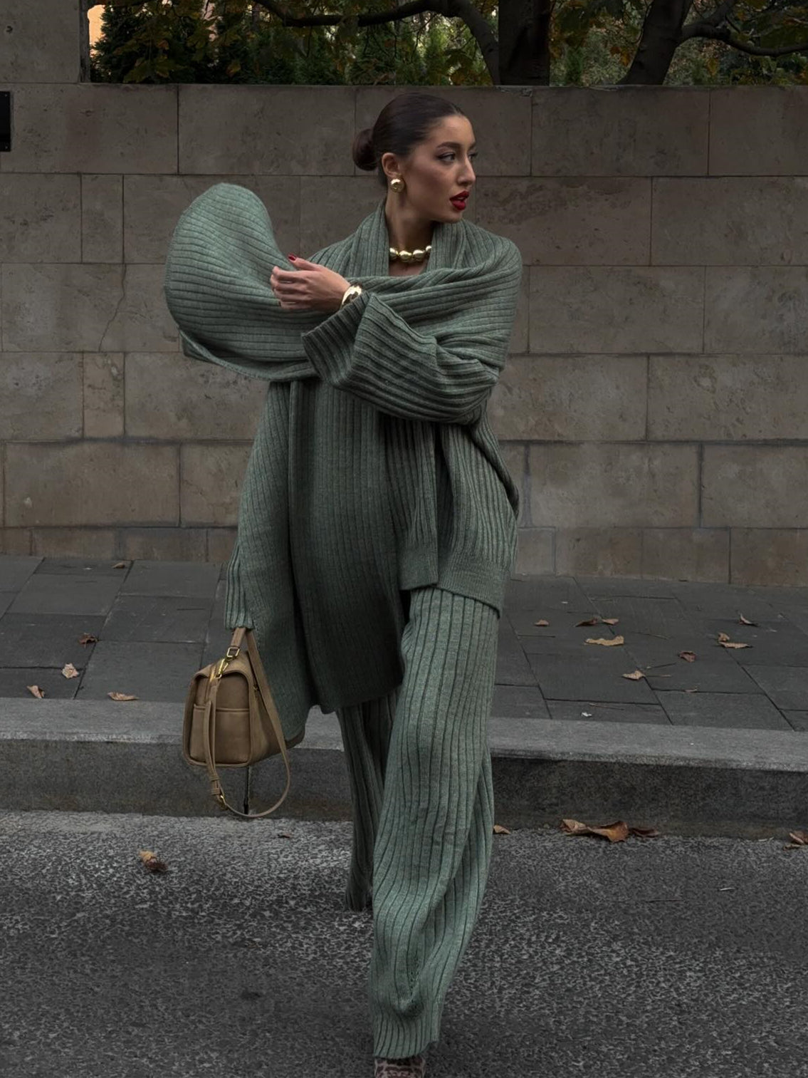 Minimalist knit three-piece set with scarf