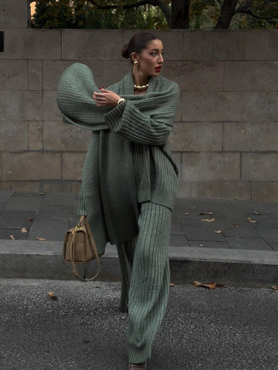Minimalist knit three-piece set with scarf