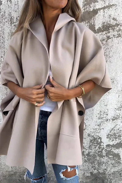 Sleek Loose-Fit One-Piece Hooded Cape Jacket with Pockets