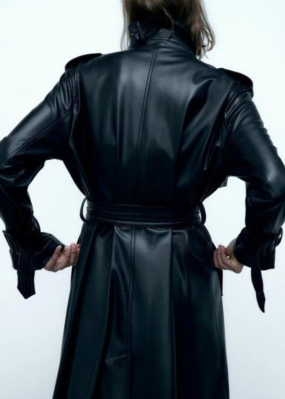Black Belted Long Leather Wind Coat for Women