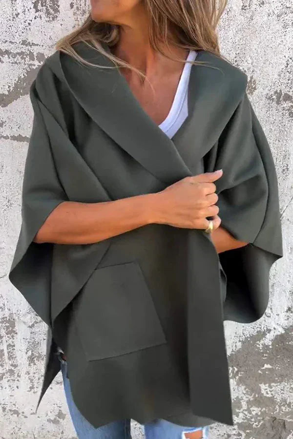 Sleek Loose-Fit One-Piece Hooded Cape Jacket with Pockets