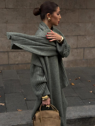 Minimalist knit three-piece set with scarf