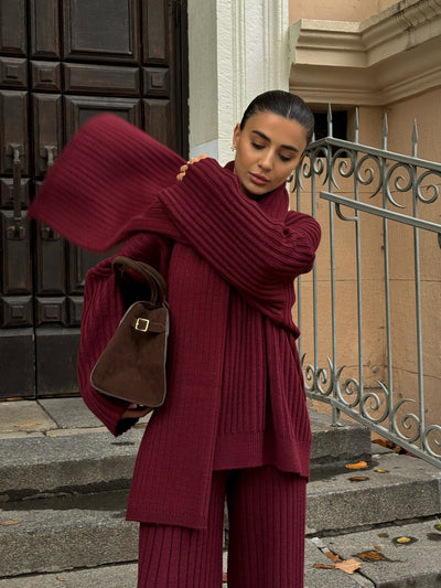 Minimalist knit three-piece set with scarf