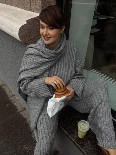 Minimalist knit three-piece set with scarf