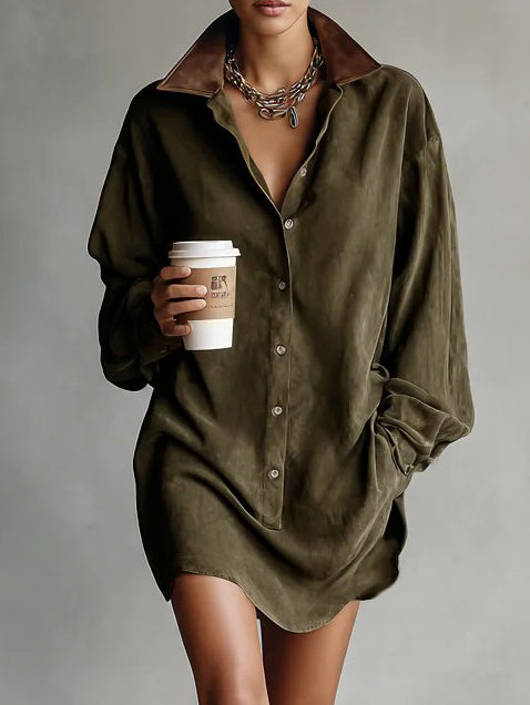 Casual Loose Lapel Paneled Suede Mini Dress