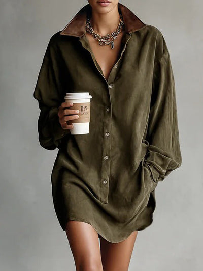 Casual Loose Lapel Paneled Suede Mini Dress