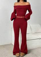 Delany | Burgundy Off-the-Shoulder Ribbed Knit Set
