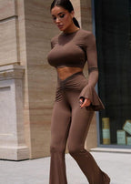 Chic Allure - Brown Long Sleeve Slim Fit Two-Piece Set