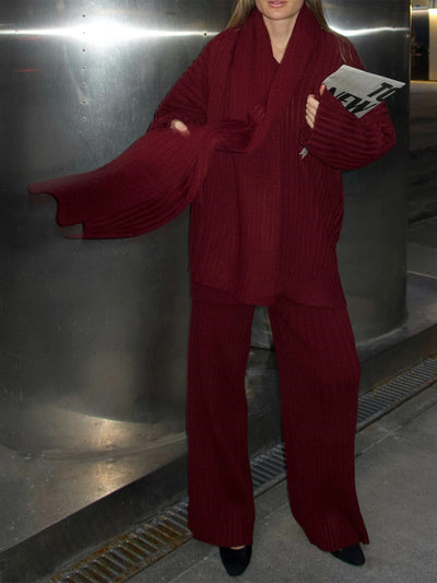 Minimalist knit three-piece set with scarf