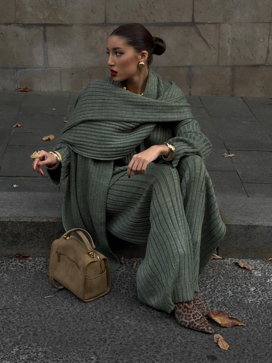 Minimalist knit three-piece set with scarf