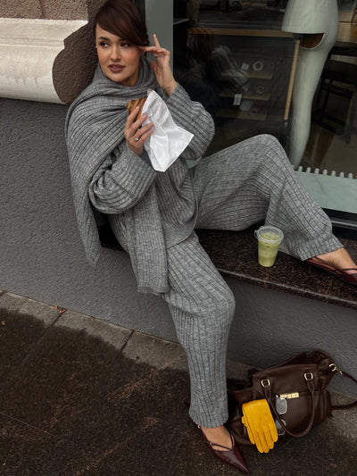 Minimalist knit three-piece set with scarf