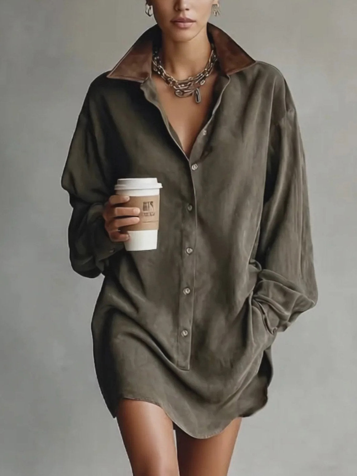 Casual Loose Lapel Paneled Suede Mini Dress