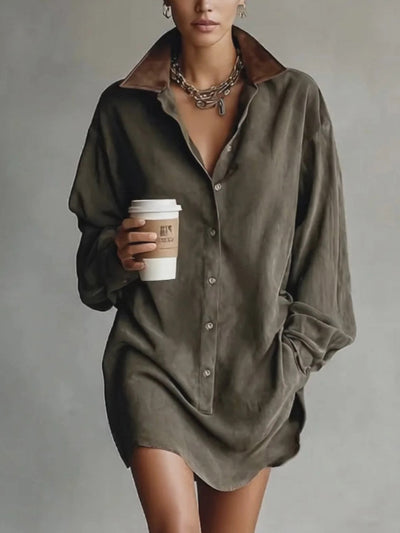 Casual Loose Lapel Paneled Suede Mini Dress