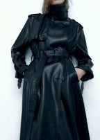 Black Belted Long Leather Wind Coat for Women