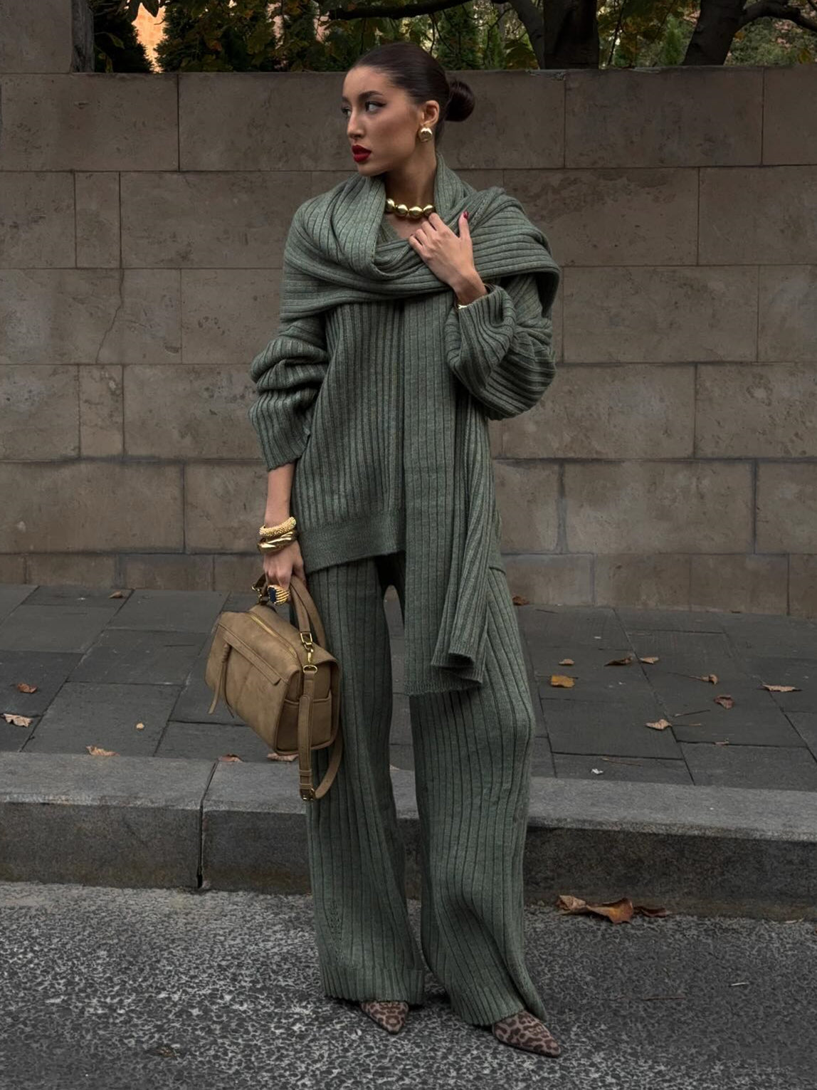 Minimalist knit three-piece set with scarf