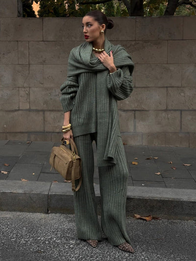 Minimalist knit three-piece set with scarf