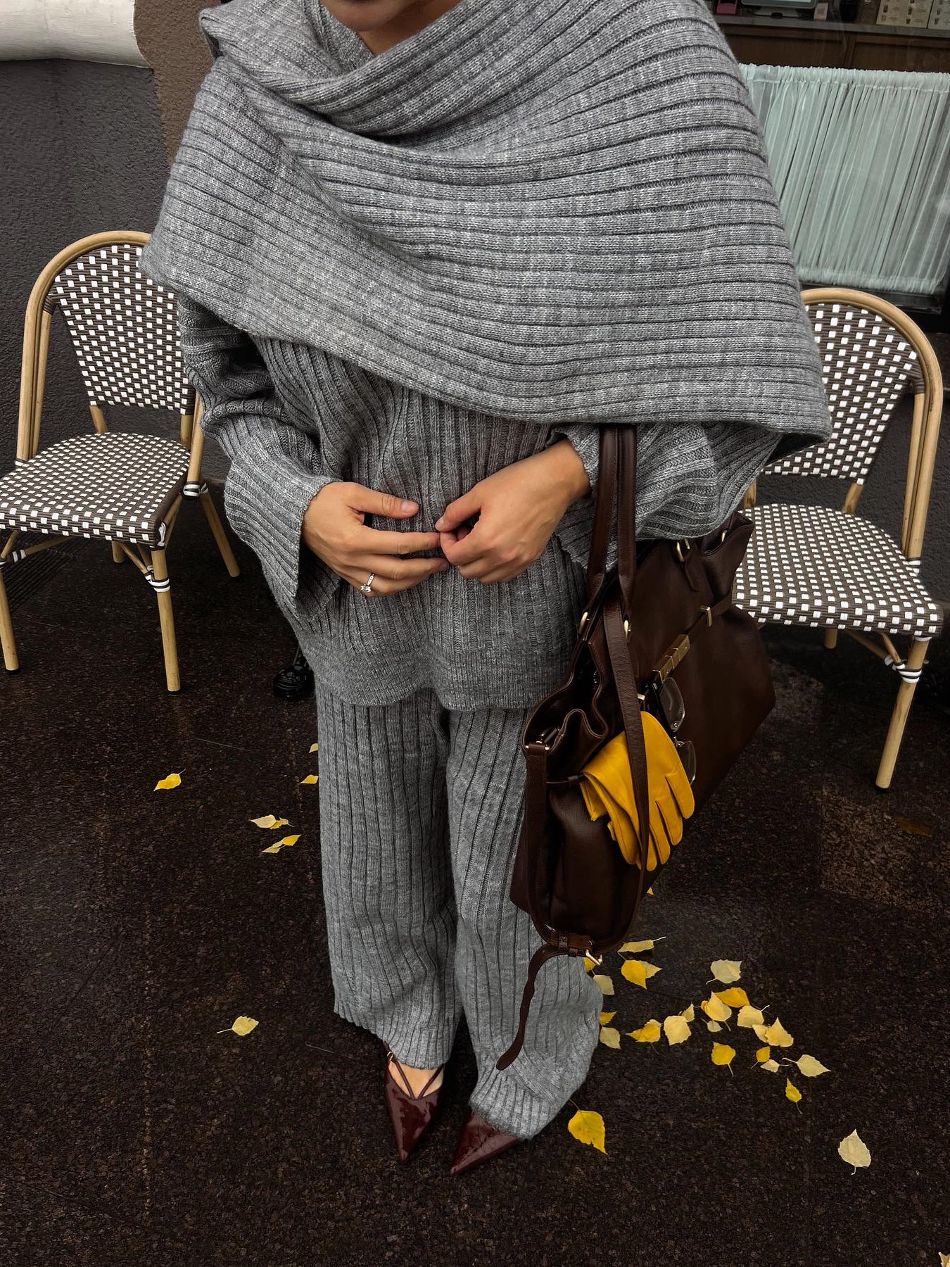Minimalist knit three-piece set with scarf