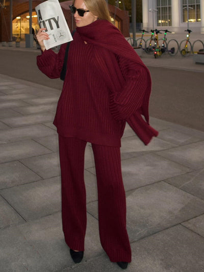 Minimalist knit three-piece set with scarf