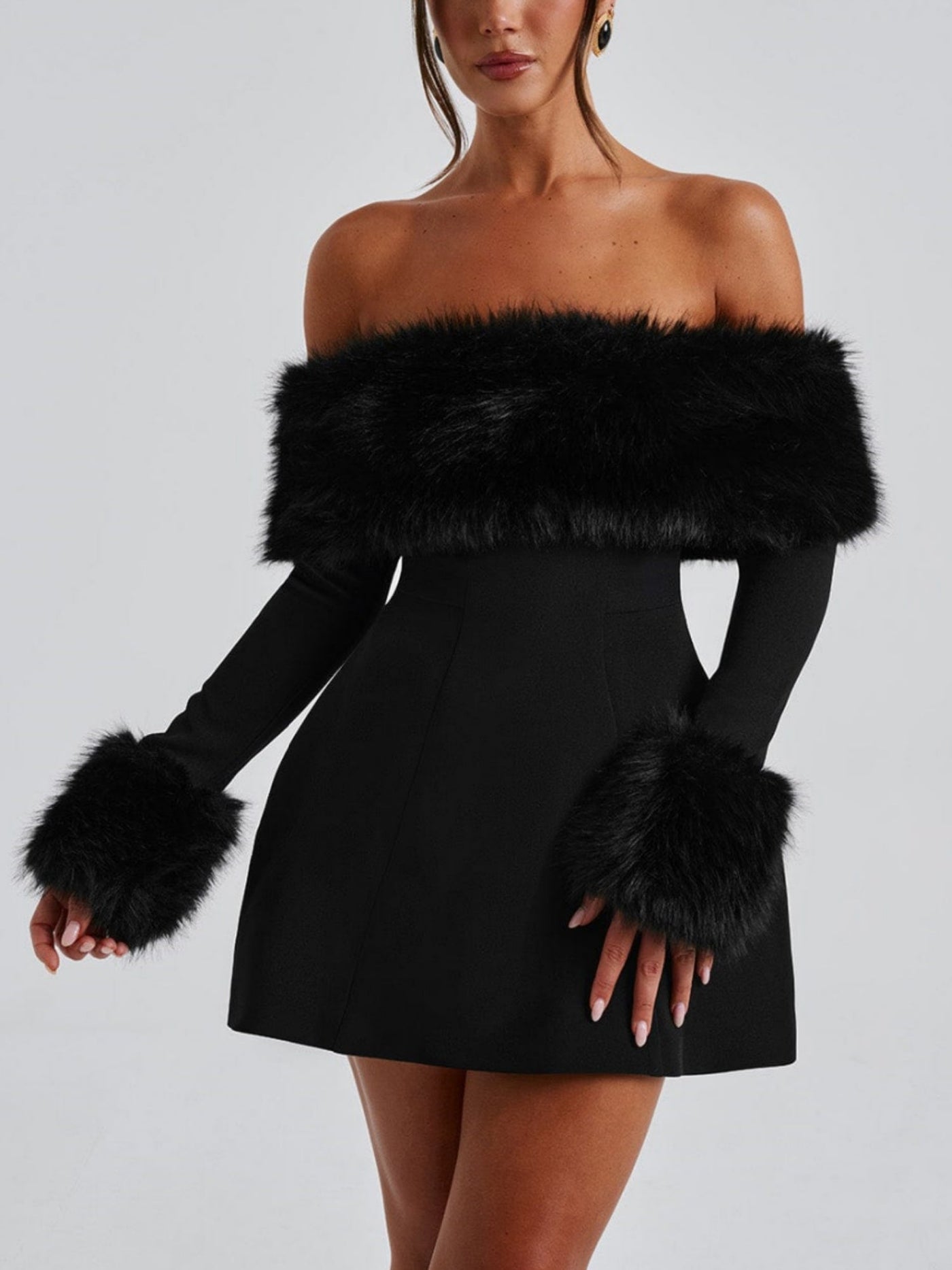Venyra | Off-Shoulder Fur Sleeve Mini Dress
