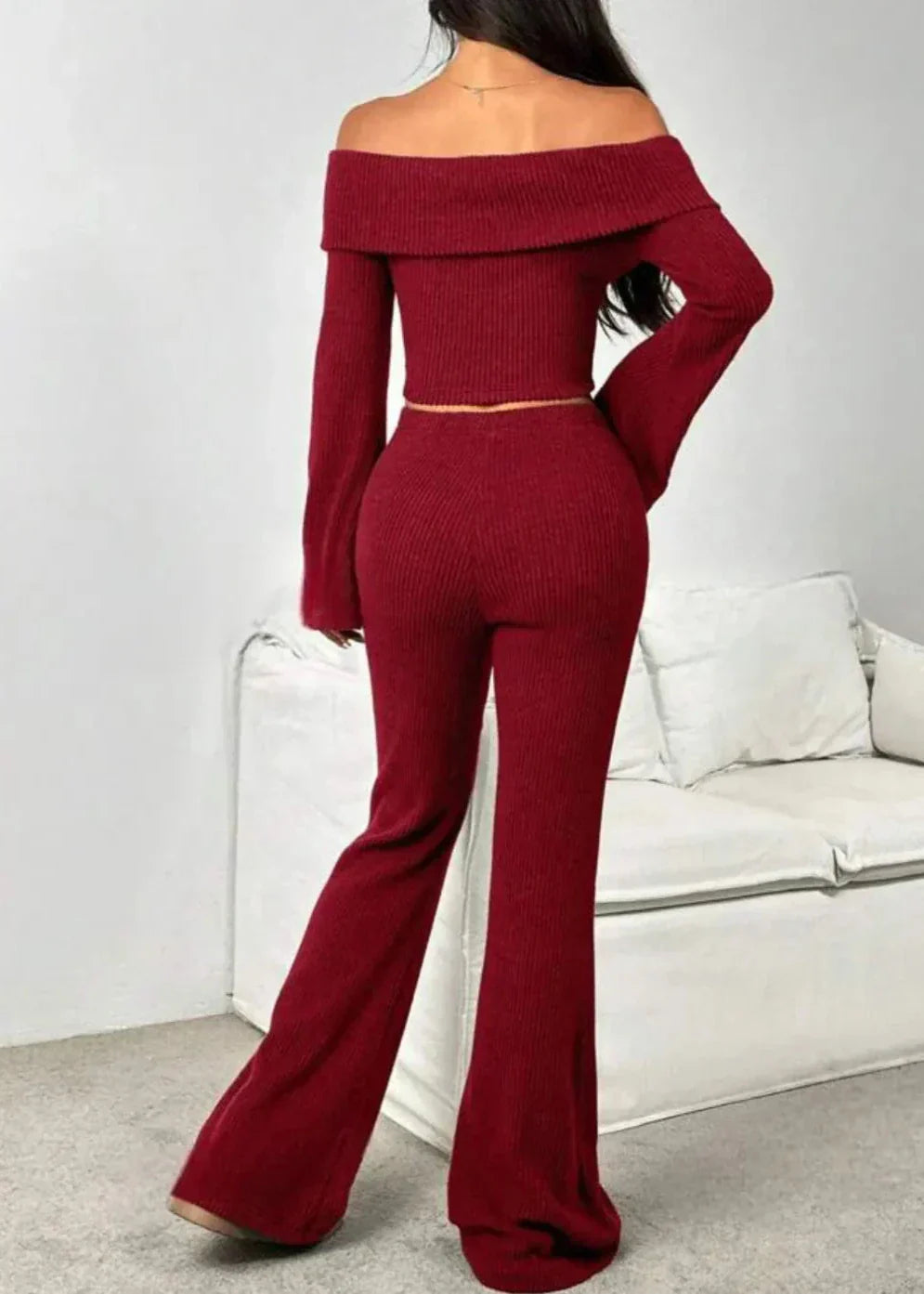 Delany | Burgundy Off-the-Shoulder Ribbed Knit Set