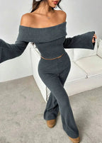 Delany | Burgundy Off-the-Shoulder Ribbed Knit Set