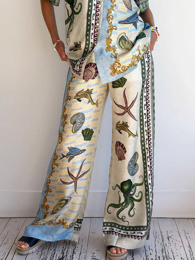 Unique Deep Sea Floral Print Loose Wide-leg Pants