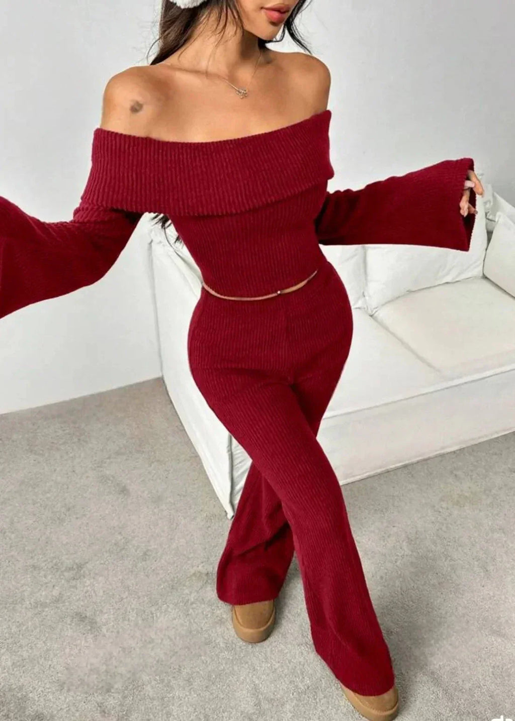 Delany | Burgundy Off-the-Shoulder Ribbed Knit Set