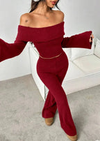 Delany | Burgundy Off-the-Shoulder Ribbed Knit Set