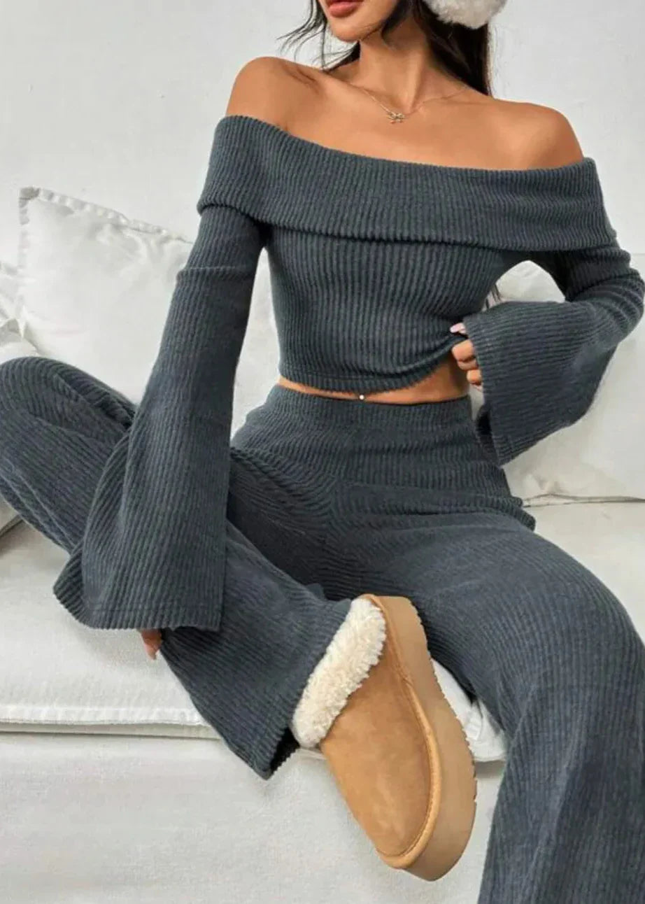 Delany | Burgundy Off-the-Shoulder Ribbed Knit Set