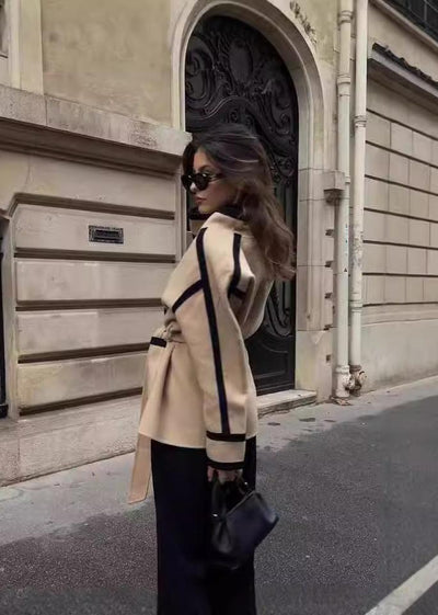 Jessica | Contrast Trim Belted Wool Coat