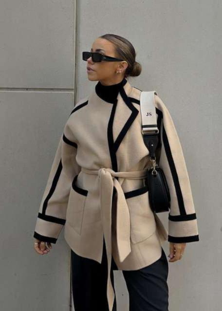 Jessica | Contrast Trim Belted Wool Coat
