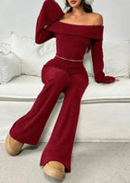 Delany | Burgundy Off-the-Shoulder Ribbed Knit Set