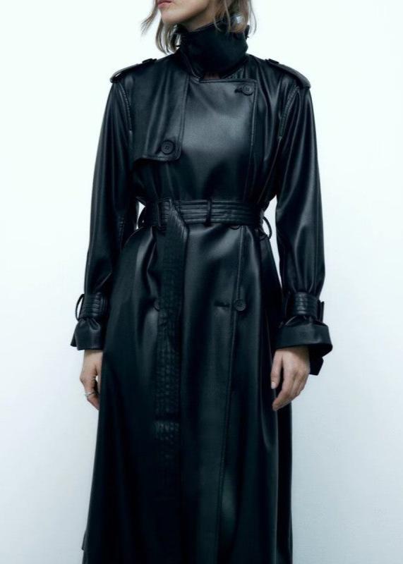 Black Belted Long Leather Wind Coat for Women