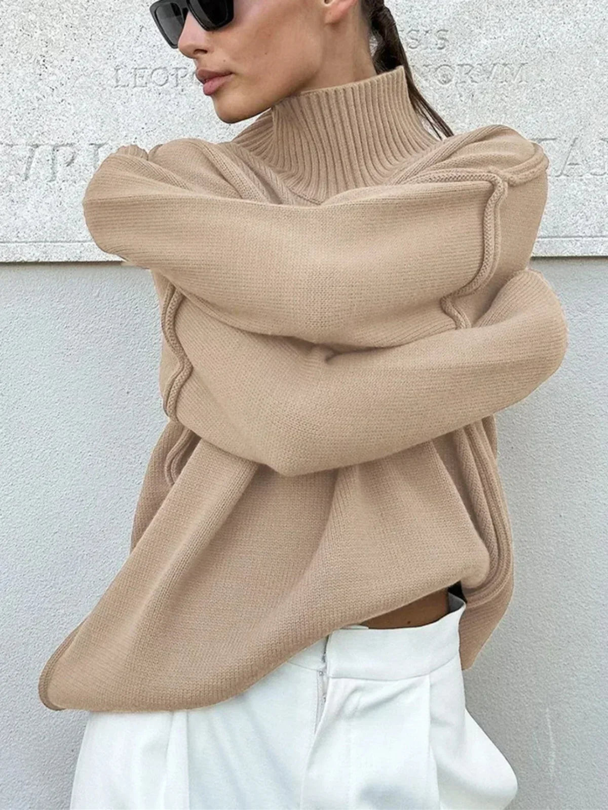 Soft Knit Mock Neck Drop Shoulders Sweater