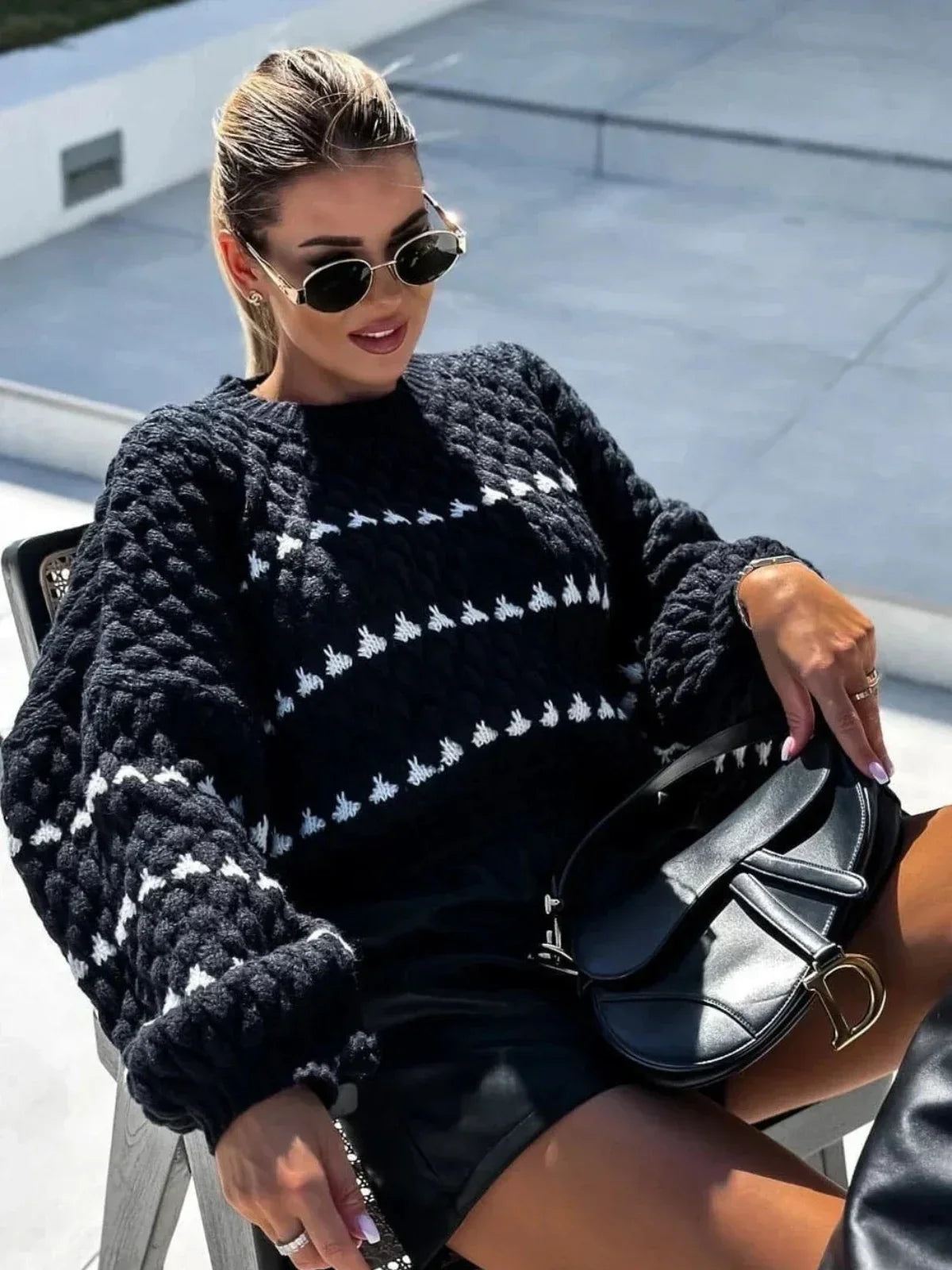 Nosy | Textured Knit Oversized Diamond Pattern Sweater